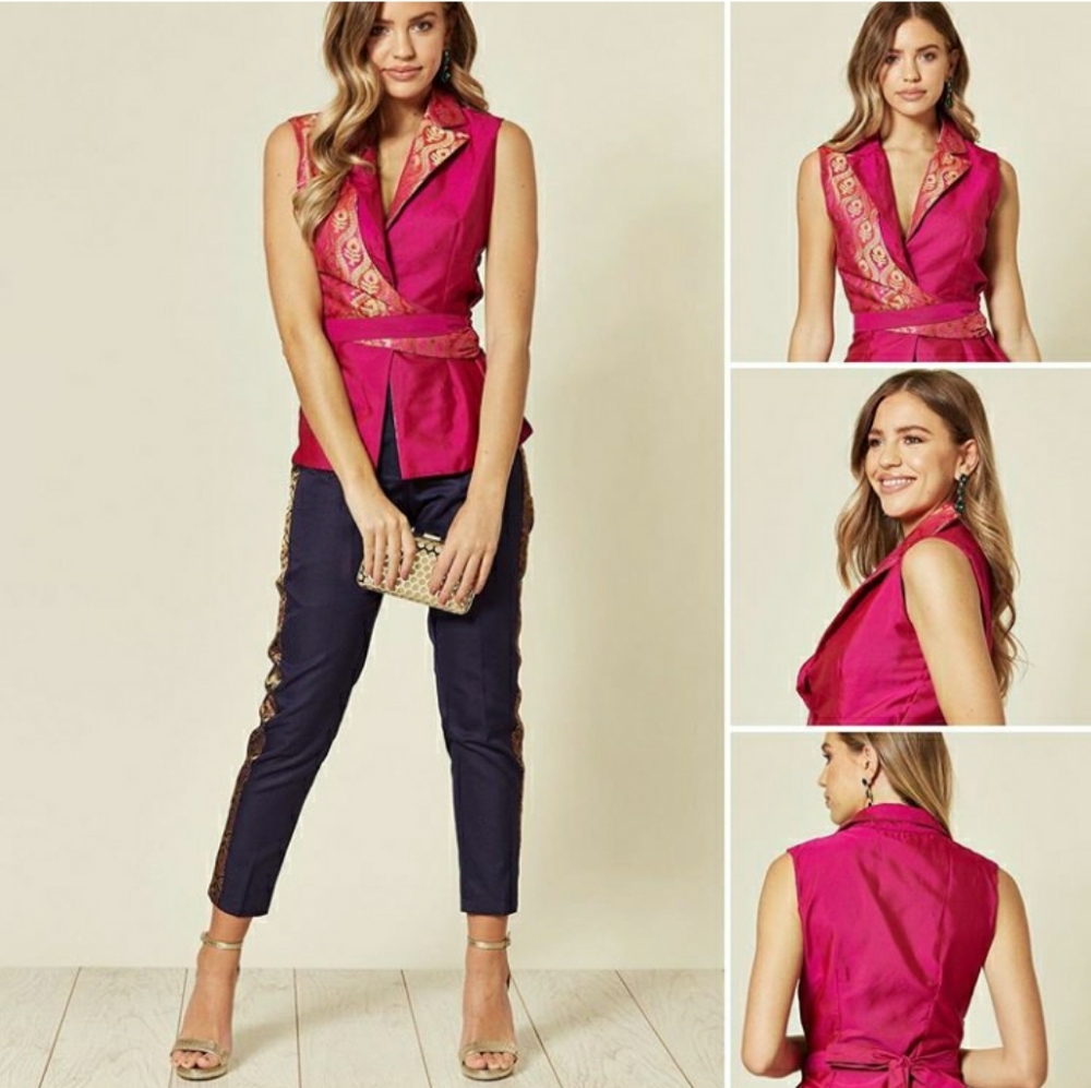 Wrap and tie sleeveless blazer top
